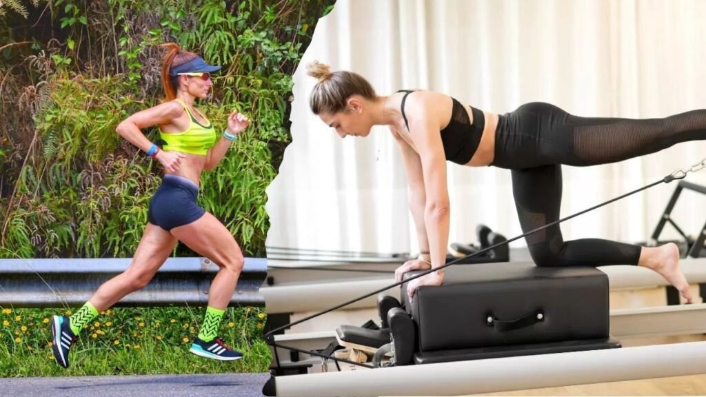 Pilates Emagrece? A Verdade Sobre Perda de Peso, Calorias e Definição 2 Comparativo visual entre corrida e pilates reformer mostrando diferenças no gasto calórico e definição muscular
