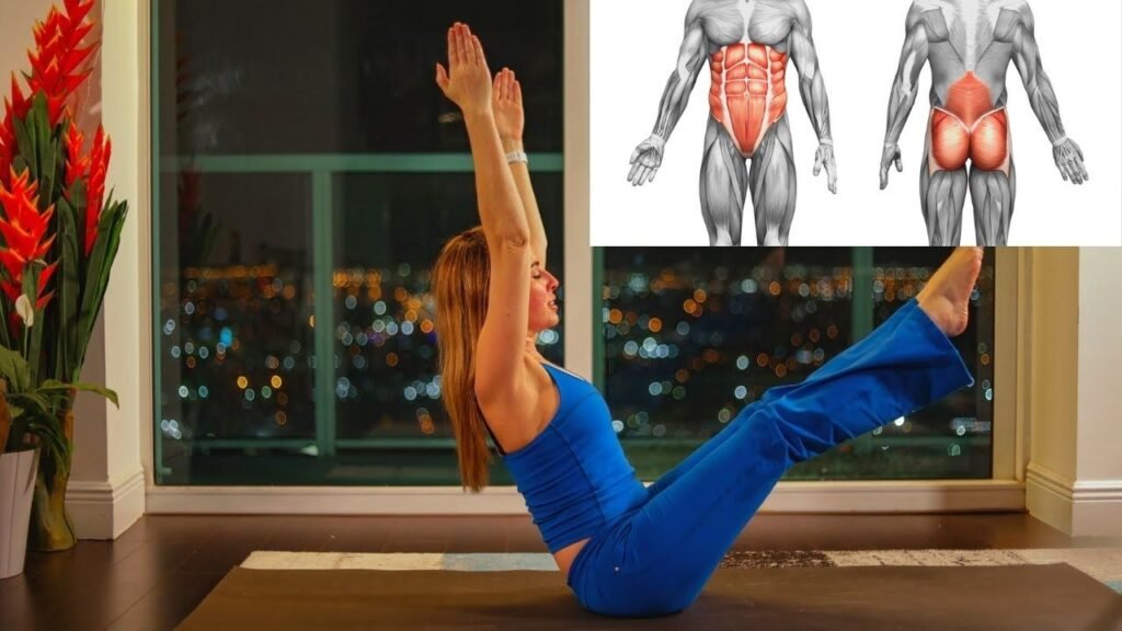Pilates Emagrece? A Verdade Sobre Perda de Peso, Calorias e Definição 3 Ilustração anatômica do músculo transverso abdominal e mulher praticando pilates com ativação do core